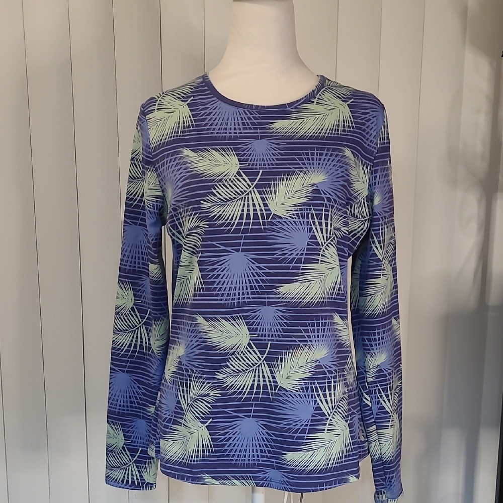 Hang Ten Women's Blue and Green Leaf Print Swim Top